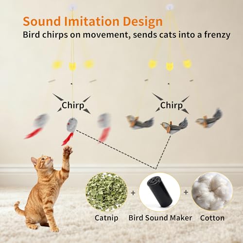 8 Pcs Hanging Cat Teaser Toys, Bird & Mouse Toys with Bird Chirp & Catnip, Bell Feather Toys, Drill-Free Wall Mount for Indoor Kittens and Adult Cats