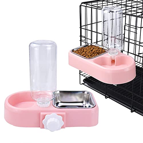 Love Dream Crate Dog Bowl, No Spill Kennel Hanging Pet Food Water Bowl Set | Automatic Water Dispenser and Removable Stainless Steel Bowls Raised Double Bowls for Indoor Cats, Rabbit, Small Medium Dogs - color: Pink