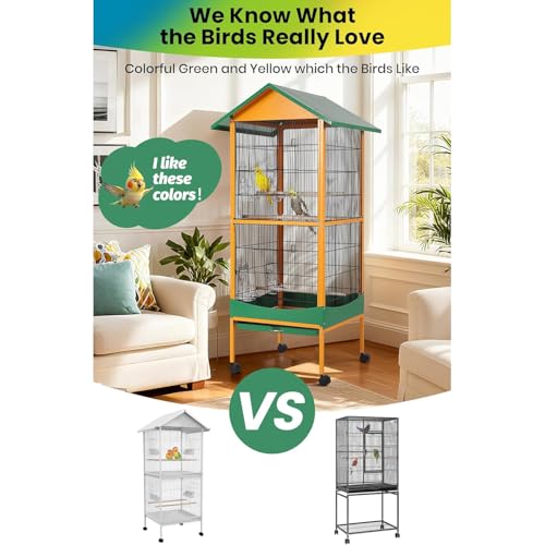 66'' Extra Large Parrot Bird Cage with Rolling Stand, Removable Tray, Waterproof Roof & Lockable Casters, Durable Wrought Iron Bird Cages for Macaw, Cockatiel, Budgie, Lovebird