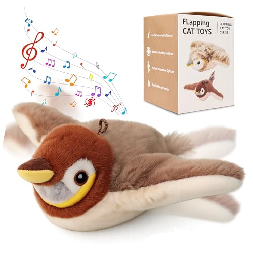 Interactive Chirping Bird Cat Toys with Flapping Wings,No Flying Birds Cats Toy, Flying Simulation Electric Sparrow Shaking Hunting Pet Toy for Indoor (Brown Upgrade) - color: Brown Upgrade