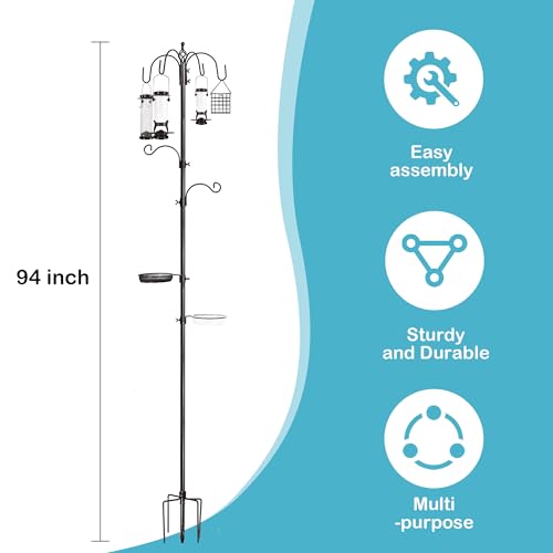 YINGYM 6-Hook Bird Feeding Station, 94 Inch Bird Feeder Pole for Outdoors | Multi-Feeder Kit Stand with 4 Bird Feeders, Bird Bath and Mesh Tray for Attracting Wild Birds - size: 94 Inches without Squirrel Baffle