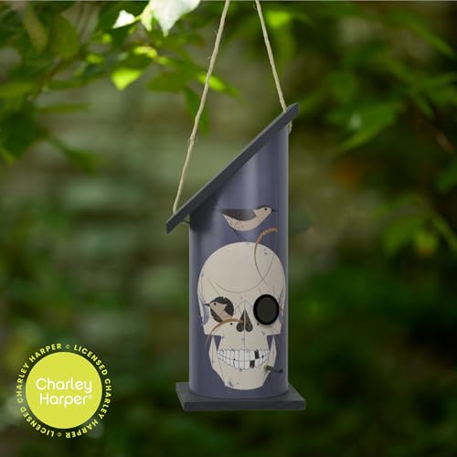 Red Carpet Studios Outdoor Bird House - Large Round Birdhouse for Wrens, 20.5" Long, Charley Harper Design, Pine Wood Base and Roof with PVC House and Jute Hanging Rope - color: Wrented