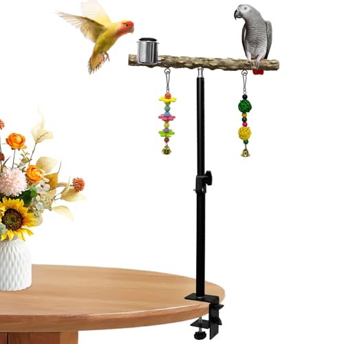 18-27 Inch Height Adjustable Bird Perch Pepper Wood Desktop Bird Training Perch Stand with Feeding Cups and Swing Toy Parakeet Perches Indoor and Outdoor Parrot Stand for Small to Medium Birds - size: Desktop Bird Perch with Feeding Cup