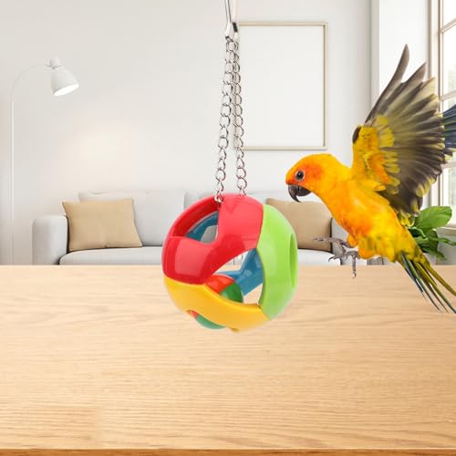 Hypeety Parrot Colorful Ball Toys with Bell Cage Hanging Chewing Ball Toy | With jingle bell inside, durable, chewproof plastic, easy-hanging, for parakeet/conure/cockatiel/small medium bird, 1 ball, C - color: Blue, Yellow, Red