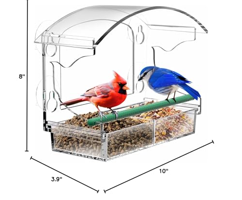 Clear Acrylic Window Bird Feeder for Outside with 4 Strong Suction Cups and Detachable Seed Tray, Highly Transparent Outdoor Viewing Birdfeeder, Wild Bird House Box