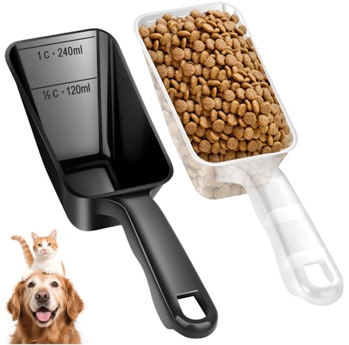 2-Pack Dog Food Scoop 1 Cup, Plastic Pet Food Measuring Scoop With Measuring Lines (1/2 & 1 Cup Markings) for Dogs, Cats, Fish, Bird（Black and Transparent（Black - color: Black and Transparent