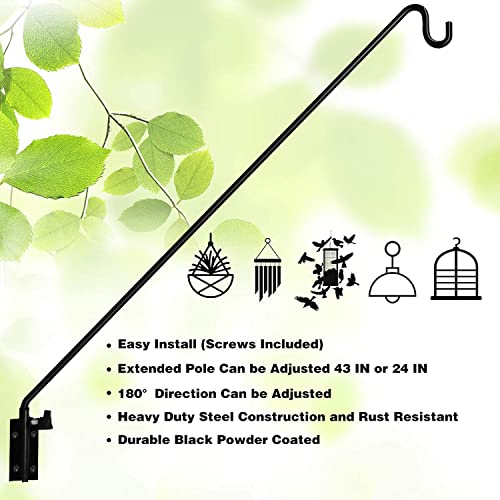 2 Packs Heavy Duty Extended Reach Wall Mounted Deck Hook Wall Pole, Wall Bracket Direction and Length Adjustable Plant Bracket for Bird Feeders, Planters, Suet Baskets, Lanterns, Wind Chimes - size: 43in Long Wall Mounted Hook-2 Packs