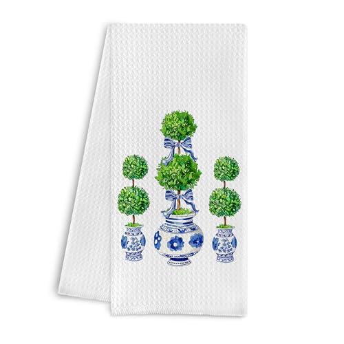 Blue and White Porcelain Chinoiserie Towels, Green Topiary Tree Dish Towels for Kitchen, Hand Towels for Bathroom, 16x24 Inches - color: Blue White03