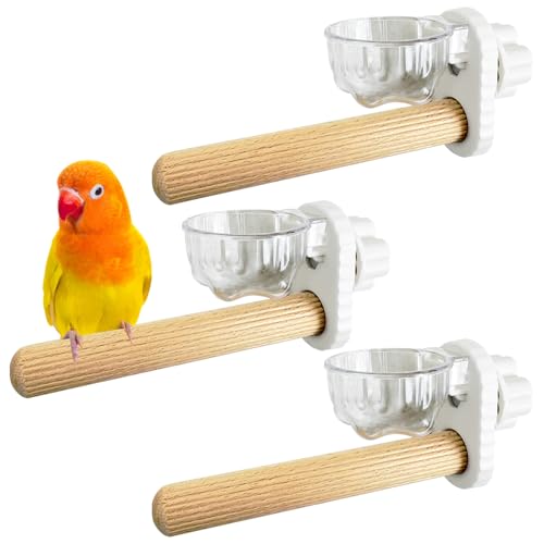 Kathson 3Pcs Bird Perch Feeding Cup Natural Wood Perches with Removable Bird Feeder for Cage Parrot Stand for Parakeets, Budgies, Cockatiels,Parrots, Birds Chewing Stick (White) - color: White