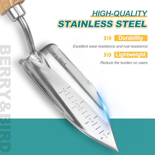 Berry&Bird Potting Trowel, Stainless Steel Serrated Hand Shovel, Wood Handle Garden Trowel Tool with Measuring Scale for Effortless Digging,Roots，Planting, Cutting and Transplanting - color: Potting Trowel