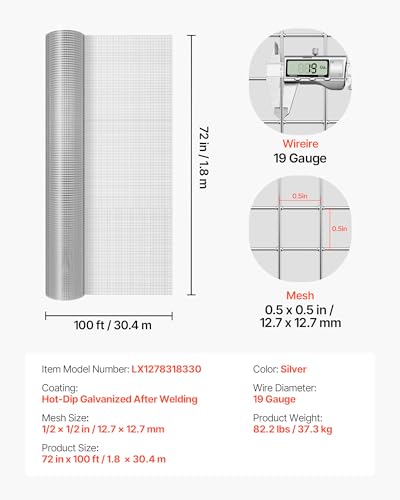 VEVOR Hardware Cloth, 1/2 inch 72 inch x 100 ft 19 Gauge Chicken Wire Fence, Hot-Dip Galvanized After Welding Metal Wire Mesh Roll, Garden Plant Welded Fencing Roll Supports Poultry Netting Cage Fence - size: 1/2 inch 72 inch x 100 ft