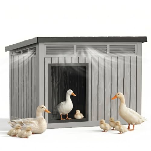 Large Chicken Coop with Hydraulic Air Rod, Resin Duck Coop with Elevated Floor and Air Vents, Backyard Poultry Pet Shelter with Weatherproof Openable Roof, for Chicken, Ducks, Rabbits, Grey - color: Grey, size: 42.9"L x 33.0"W x 31.6"H