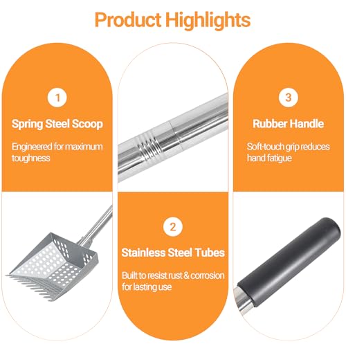 Chicken Poop Scooper Spring Steel Shovel 32-60in Adjustable Handle | Sifting Shovel for Chicken Coop Adjustable Stainless Steel Tube Cleaning Tool for Coop with Rubber Handle - size: 8" W x 3" D