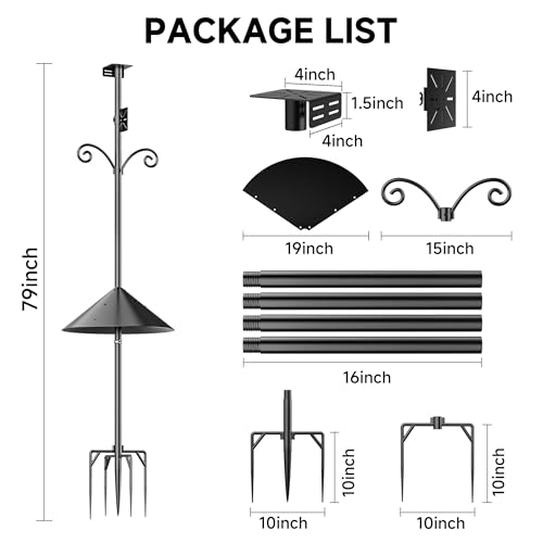 Smart Bird Feeder Pole Stand with Proof Squirrel Baffle 79" - Dia 1 Inch Bird House Pole Mount for Camera Birdfeeder, Double Hooks, Install 2 Bird Houses, Feeding Station Outdoors Heavy Duty - size: 79IN