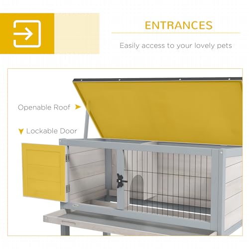 PawHut Elevated Wooden Rabbit Hutch Indoor/Outdoor Bunny Cage Light Gray | Hinged Asphalt Roof, Removable Tray for Guinea Pig - color: Light Gray