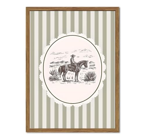 Western Cowboy Wall Art Vintage Southwestern Wall Decor Painting, Retro Rodeo Stripe Poster Canvas Print Picture for Living Room Bedroom 12x16 inch Wood Framed - color: Green Cowboy, size: 16"L x 12"W