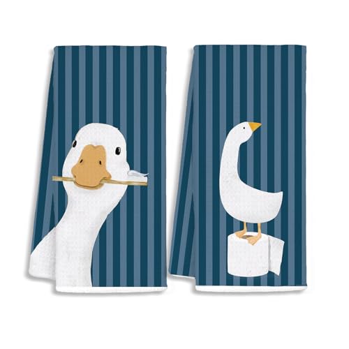 Kids Bathroom Decor, Goose Towels Bathroom Decor, Toddler Bathroom Towel, Cute Duck Green Farm Animal Dish Towels Gifts for Washroom Restroom 16x24 Inch Set of 2 - color: Goose-navy Blue