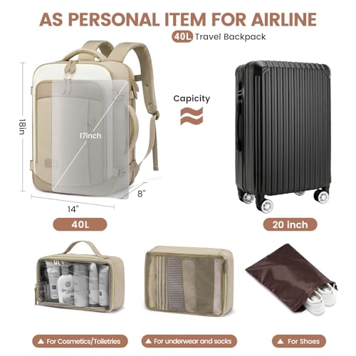 LOVEVOOK Travel Backpack for Women Men, 40L Carry On Backpack with 3 Packing Cubes,TSA Personal Item Travel Bag Airline Approved, Water Resistant Weekender Overnight Luggage Daypack - color: H-hkaki-beige-brown, size: Large - 17.3 Inch - 40L - 3 Pcs