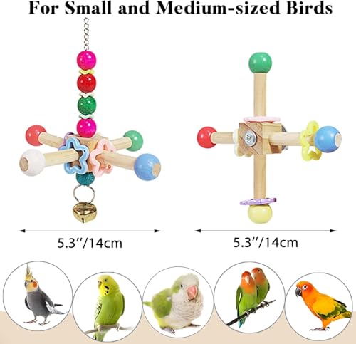 2pcs Bird Spinner Toys for Parrots with Bells for Cage, Natural Wood | Parakeet Toys, Bird Cage Accessories Chewing Hanging for Small and Medium Birds, Cockatiel, Conure, Lovebird, Budgie, Quaker
