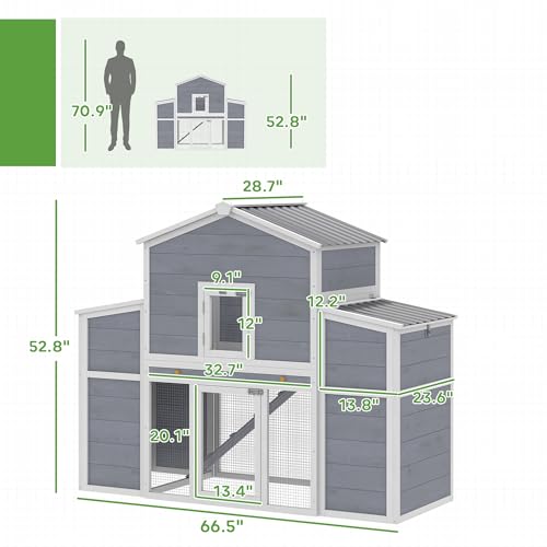 PawHut 66.5" Large Chicken Coop with Waterproof Roof, Ramp for 2-4 Hens | Wooden Chicken House, 2 Nesting Boxes, Sliding Tray, Outdoor Hen House Poultry Cage, Farm, Backyard