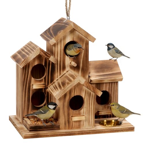 Bird House 5 Hole Bird Houses for Outside with Thickened Wooden Board，Birdhouse for Blue Bird Humming Bird and Chickadee Swallow. Hanging Edible Wild Bird Nest Garden Decorative