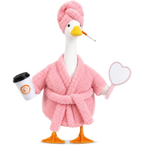 Old Lady Porch Goose Outfits 23 in Bathrobe Lawn Goose Costume Set Pink | 23 Inch, for Porch Goose Cement or Plastic Statue, with Shower Cap Coffee Cup Mirror , Lawn Yard Garden Patio Decor - style: Bathrobe light pink