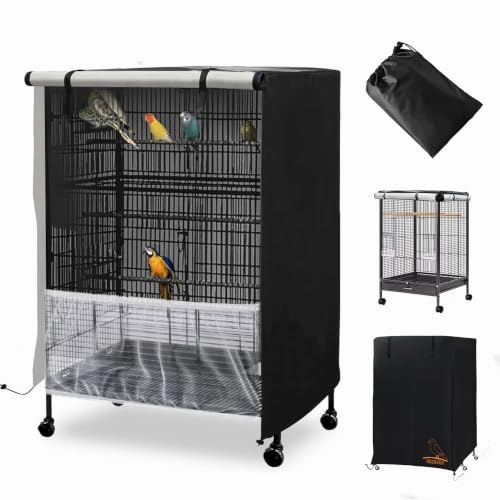Bird Cage Cover, 600D Universal Parrot Cage Cover for Night, 100% Shading Oxford Cloth with Waterproof PU Coating Layer, Adjustable Soft Airy Nylon Mesh Net