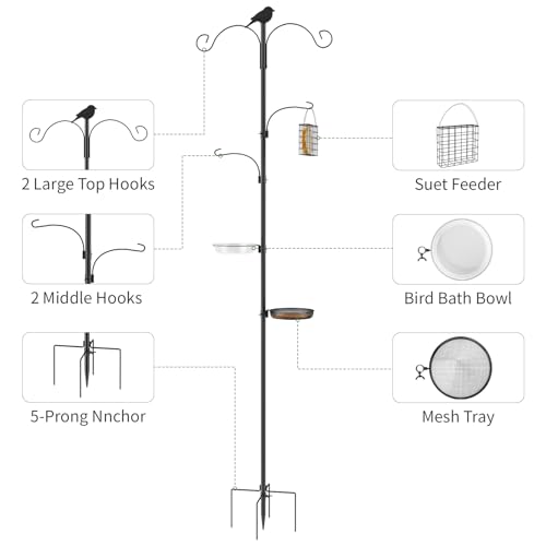 Bird Feeder Pole, 91in 4 Hook Bird Feeding Station Kit with Adjustable Shepherds Hooks, Birds Feeder for Outdoors with Pole 5 Prongs Base Attracting Wild Birds (ATR Deco, Black 91in) - color: Black, style: atr deco