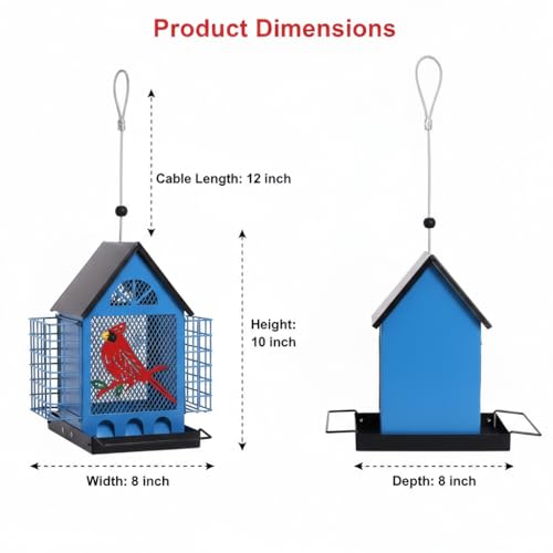 Blue House Metal Bird Feeder - 20" Hanging Wild Bird Feeder with Decorative Accents, Large Capacity Outdoor Birdfeeder for Cardinals and Songbirds, Perfect Garden Gift