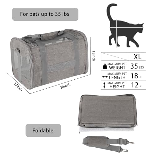Cat Carrying Case - Pet Carrier Airline Approved, Protable and Breathable Pet Travel Carrier Removable Fleece Pad, Collapsible Cat Carrier Dog Carrier for Medium Cats Small Cats Dogs (X-L Grey&Black) - color: grey&black, size: 20.0"L x 13.0"W x 13.0"H