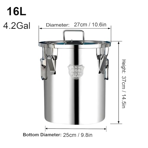 4.2Gal 304 Stainless Steel Containers with Lid and Locking Clamp, 20-28Lbs Metal Bucket for Kitchen, Dog Food Bird Seed Coffee Camping Container Storage Pail (16L) - size: Standard 16L/4.2gal