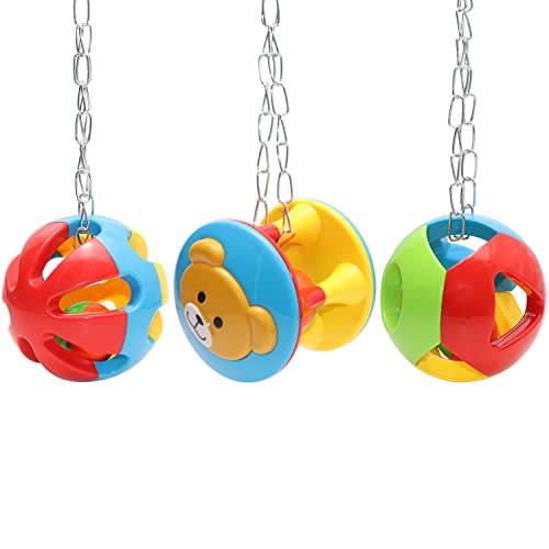 Wontee Bird Hanging Ball with Bell Colorful Chewing Treat Toy for Parrot Parakeet Cockatiel Conure Lovebird Dog Puppy Cat (3 PCS) - size: 3 PCS