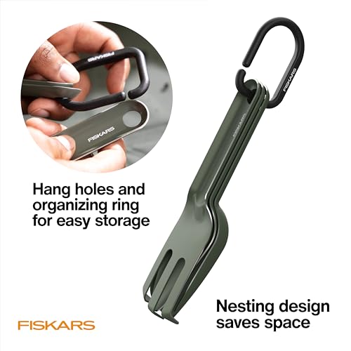 Fiskars 5-Piece House Plant Cultivating Tool Set for Indoor Gardening | Nesting Trowel, Soil Scoop, Cultivator, Tongs & Brush, Stainless Steel with Green Powder Coat Finish - size: 5-Piece Set