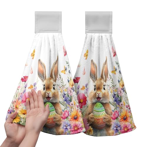 Spring Easter Hanging Kitchen Towels Easter Bunny Rabbit Eggs Flowers Hand Towel with Hanging Loop Watercolor Floral Rabbits Dish Tie Towels Super Absorbent Soft Fast Drying Bath Towel for Bathroom - color: Easter Spring Bunny