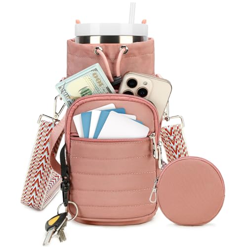 Water Bottle Carrier bag with Strap Phone Pocket for Walking, Hiking, Cycling - color: 8-Dark Pink1, size: 32oz-40oz