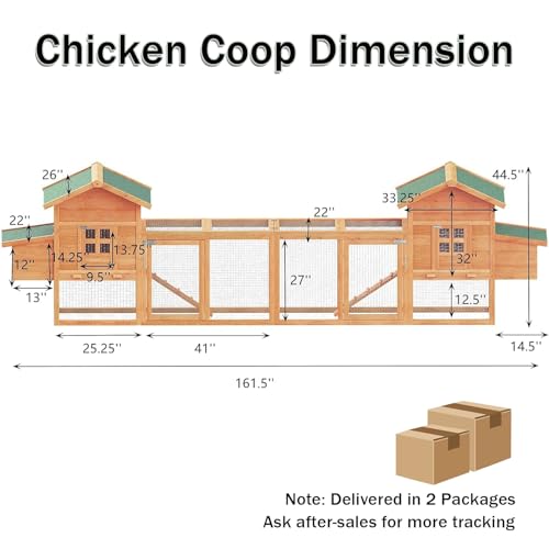 160" Large Chicken Coop, Waterproof Outdoor Hen House for 6-8 Chickens, Wooden Chicken House with Nesting Box, Removable Tray, PVC Cover, Run, for Garden Backyard Cage - size: 161.5"L x 26.0"W x 44.5"H