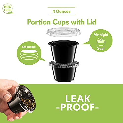 (4 oz - 100 Sets) Black Diposable Plastic Portion Cups With Lids, Small Mini Containers For Portion Controll, Jello Shots, Meal Prep, Sauce Cups, Condiments, Medicine, Dressings, - color: Black, size: 4 Ounce