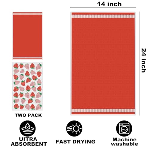 2 Pcs Strawberry Kitchen Towels, Summer Fruits Waffle Weave Hand Towels | Red Absorbent Microfiber Dish Cloth Tea Towel for Kitchen Home Decor, Strawberry Gifts for Women Mom Grandma 24x14 Inch - color: Multi 1386