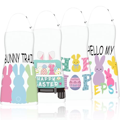 Easter Aprons Set of 4, Colorful Bunny & Easter Eggs Design - Kitchen Aprons for Adults & Kids, Easter Decorations for Home Indoor, Egg Collecting Apron, Bunny Gift & Festive Table Decor - color: Rabbit