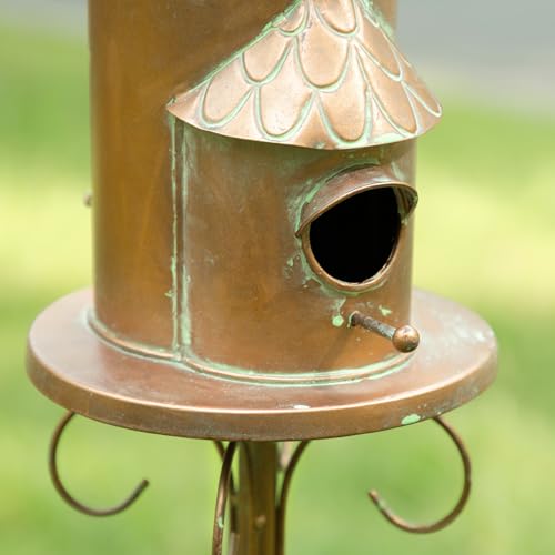 Glitzhome Birdhouses for Outdoors, Bird Houses for Outside, 53" H Farmhouse Faux Copper 2-Tiered Distressed Metal Bird House Decorative Garden Birdhouse with Stake