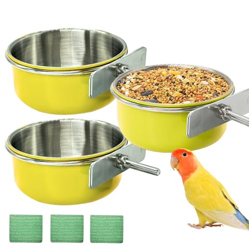 3 Pcs Parrot Feeding Dish Cups,Stainless Steel Bird Food Water Bowls | Parrot Cage Feeder with Clamp Holder Small Bird Feeding Cup for Parakeet Cockatiels Conure Budgies Chinchilla Small Animal - size: 3pcs Yellow