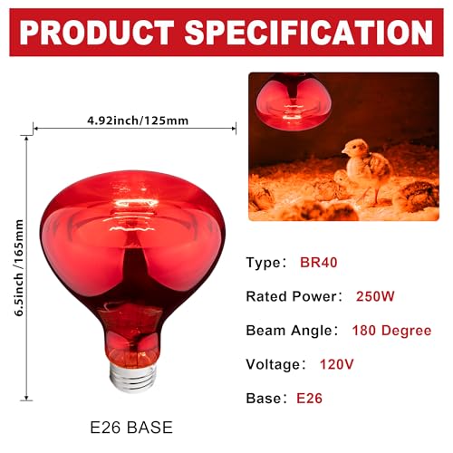 250 Watt Heat Lamp Bulbs for Chicks, R40 Heat Lamp for Chickens, Infrared Heat Bulbs for Brooder Heater, 250W Incandescent Heat for Pet, Bathroom, Food (2 Pack)