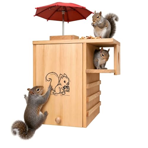 Outdoor Extra Large Wooden Squirrel House Protective Nest Box with Feeder | Natural pine, weatherproof. Backyard shelter for squirrels, chipmunks, birds. Easy mount. Size 24.8x11x15.7in - size: XL