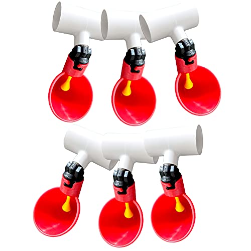 6 Packs Chicken Waterer Cups with PVC Tee Fittings, 1/8 Inch FTP Threads | Keep Clean Water, Automatic Poultry Feeder Cups Water Feeder for for DIY 1/2" Pipe System Chicks, Duck, Goose, Quail