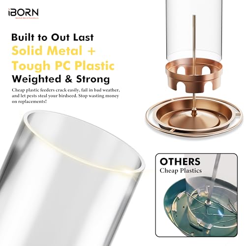 iBorn Metal Bird Feeders for Outdoors, Copper-Plating, 6 Port, 2.2LB | For Cardinal, Chew Proof, 18cm Large Roof & Tray, Hanging - color: Copper-Plating,2.2LB,6Port