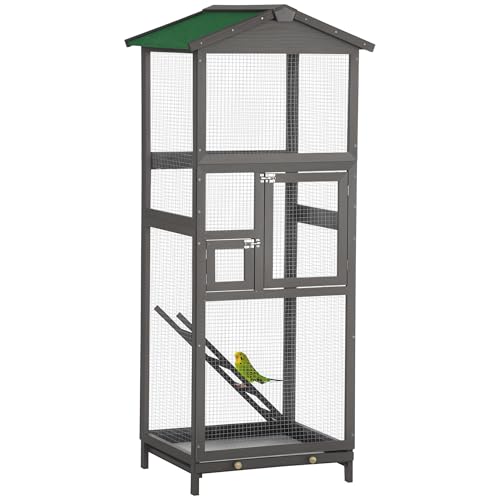 PawHut 65" Wooden Bird Cage Outdoor Aviary House for Parrot, Parakeet, with Pull Out Tray and 2 Doors, Grey | for Parrot, Parakeet, with Pull Out Tray, 2 Doors