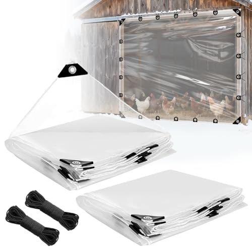 8x10ft Anti-Tear Clear Tarp Waterproof - 2pcs Windproof Poly Tarpaulin, Heavy Duty Transparent Enclosure with Grommets for Covering Chicken Coops Greenhouse Garden Plants - size: 8x10ft