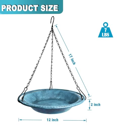 Hanging Bird Bath & Feeder Bowl, 12 in, Antique Blue | Weather-Resistant PP, Backyard Garden Decor - color: Blue