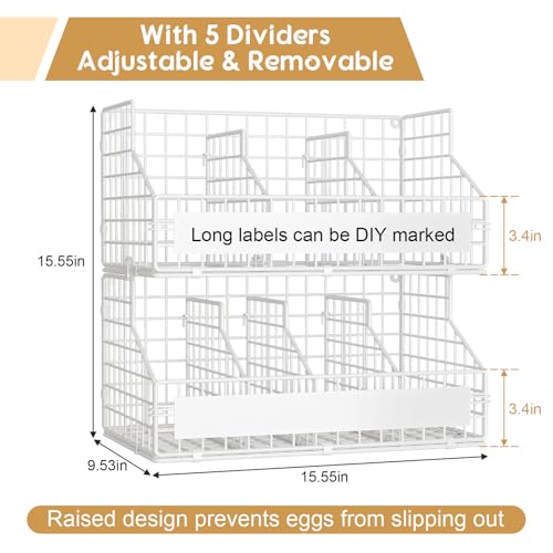 keomaisyto Fresh Egg Holder with 5 Dividers to Separate Eggs for a Week, 2 Tier Stackable Wire Baskets for Gathering Eggs, XXL Egg Rack for Countertop/Wall-Mounted, With DIY Labels, White - color: White, size: 2-Tier X-Large