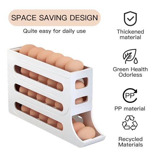 Automatic Rolling Egg Storage For Refrigerator, Fridge Organizer, Space Saving Refrigerator Egg Holder For Fridge ,Egg roller holds 28 Eggs,for Refrigerator,Kitchen,Cabinets,Tabl (White) - color: White